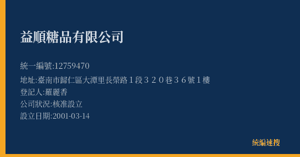 益順糖品有限公司的照片-統編 12759470(臺南市) 公司登記資料與營業項目詳細圖表