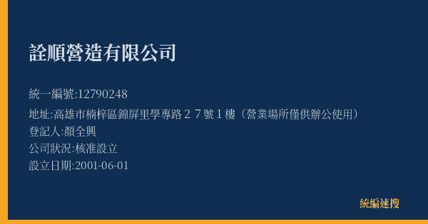 詮順營造有限公司的照片-統編 12790248(高雄市) 公司登記資料與營業項目詳細圖表
