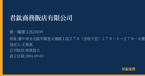 君鈦商務飯店有限公司的照片-統編 12821039(臺中市) 公司登記資料與營業項目詳細圖表