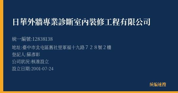 日華外牆專業診斷室內裝修工程有限公司的照片-統編 12838138(臺中市) 公司登記資料與營業項目詳細圖表