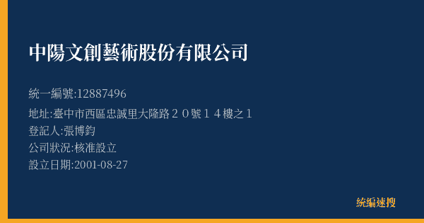 中陽文創藝術股份有限公司的照片-統編 12887496(臺中市) 公司登記資料與營業項目詳細圖表