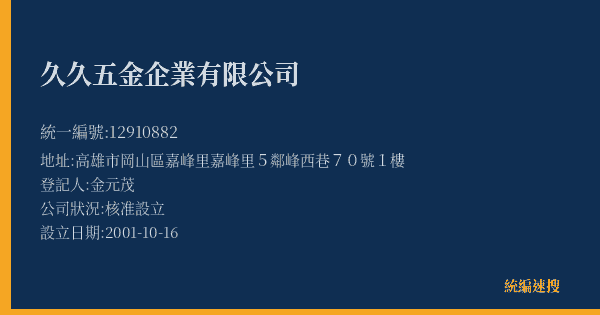 久久五金企業有限公司的照片-統編 12910882(高雄市) 公司登記資料與營業項目詳細圖表