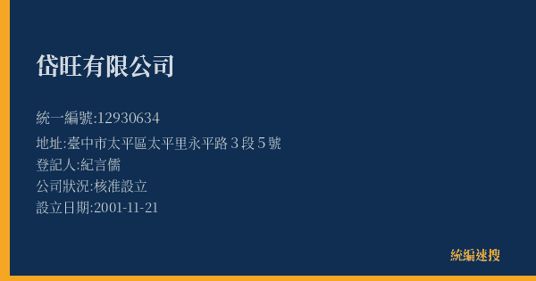 岱旺有限公司的照片-統編 12930634(臺中市) 公司登記資料與營業項目詳細圖表