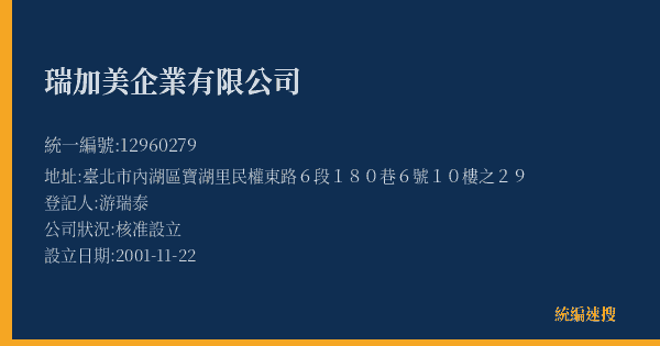 瑞加美企業有限公司的照片-統編 12960279(臺北市) 公司登記資料與營業項目詳細圖表