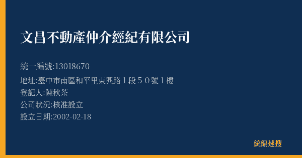 文昌不動產仲介經紀有限公司的照片-統編 13018670(臺中市) 公司登記資料與營業項目詳細圖表