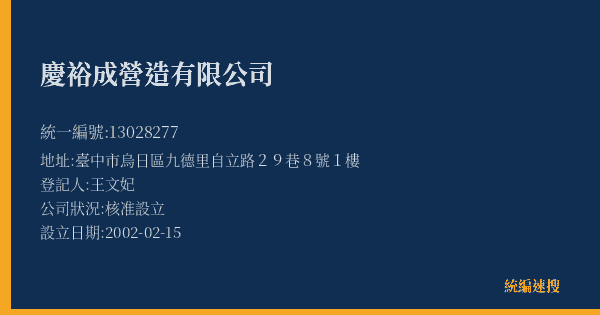 慶裕成營造有限公司的照片-統編 13028277(臺中市) 公司登記資料與營業項目詳細圖表