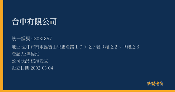 台中有限公司的照片-統編 13031857(臺中市) 公司登記資料與營業項目詳細圖表