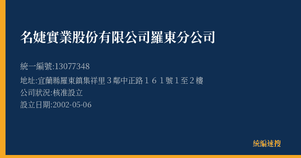 名婕實業股份有限公司羅東分公司的照片-統編 13077348(宜蘭縣) 公司登記資料與營業項目詳細圖表