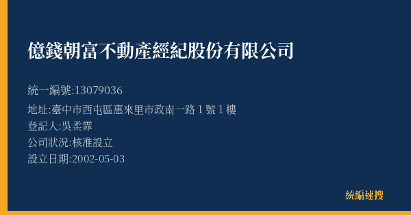 億錢朝富不動產經紀股份有限公司的照片-統編 13079036(臺中市) 公司登記資料與營業項目詳細圖表