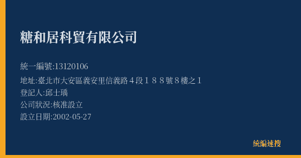 糖和居科貿有限公司的照片-統編 13120106(臺北市) 公司登記資料與營業項目詳細圖表
