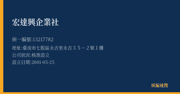 宏達興企業社的照片-統編 13217782(臺南市) 公司登記資料與營業項目詳細圖表
