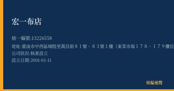 宏一布店的照片-統編 13226558(臺南市) 公司登記資料與營業項目詳細圖表