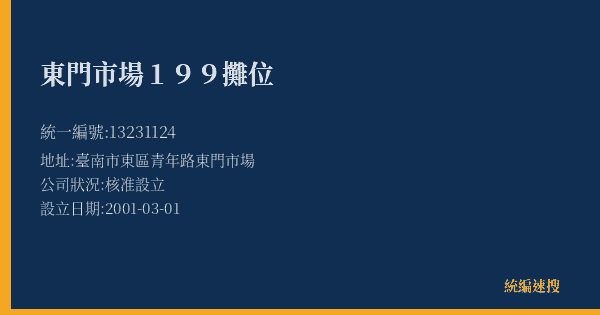 東門市場199攤位的照片-統編 13231124(臺南市) 公司登記資料與營業項目詳細圖表