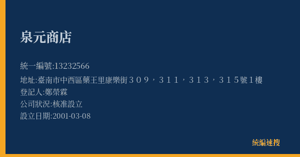 泉元商店的照片-統編 13232566(臺南市) 公司登記資料與營業項目詳細圖表
