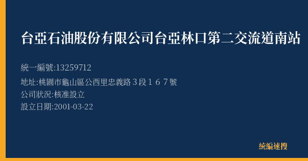 台亞石油股份有限公司台亞林口第二交流道南站的照片-統編 13259712(桃園市) 公司登記資料與營業項目詳細圖表