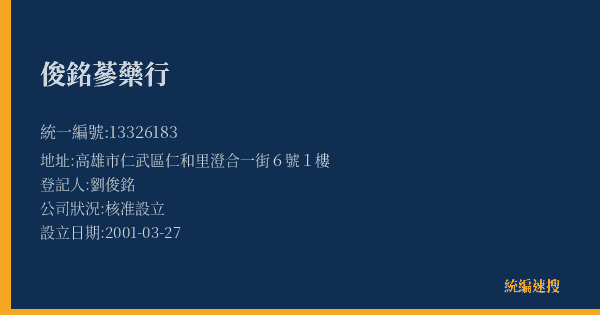 俊銘蔘藥行的照片-統編 13326183(高雄市) 公司登記資料與營業項目詳細圖表