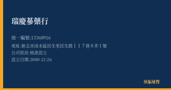 瑞慶蔘藥行的照片-統編 13368916(新北市) 公司登記資料與營業項目詳細圖表