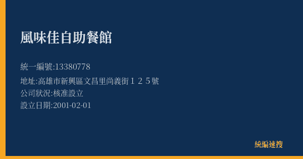 風味佳自助餐館的照片-統編 13380778(高雄市) 公司登記資料與營業項目詳細圖表