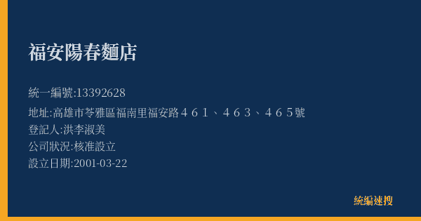 福安陽春麵店的照片-統編 13392628(高雄市) 公司登記資料與營業項目詳細圖表