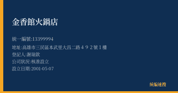 金香館火鍋店的照片-統編 13399994(高雄市) 公司登記資料與營業項目詳細圖表