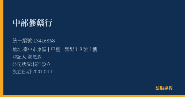 中部蔘藥行的照片-統編 13416868(臺中市) 公司登記資料與營業項目詳細圖表