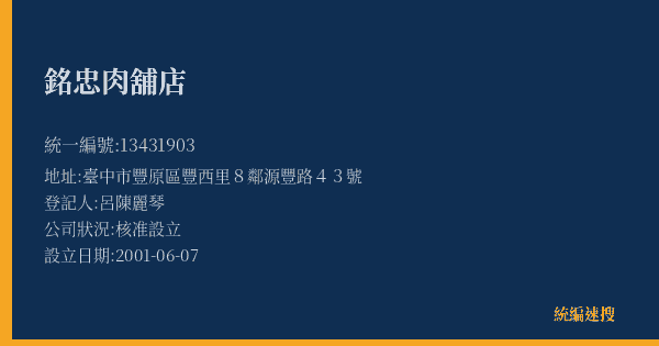 銘忠肉舖店的照片-統編 13431903(臺中市) 公司登記資料與營業項目詳細圖表