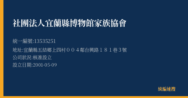 社團法人宜蘭縣博物館家族協會的照片-統編 13535251(宜蘭縣) 公司登記資料與營業項目詳細圖表