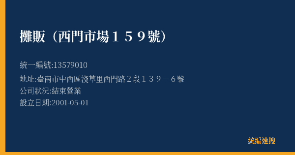 攤販(西門市場159號)的照片-統編 13579010(臺南市) 公司登記資料與營業項目詳細圖表