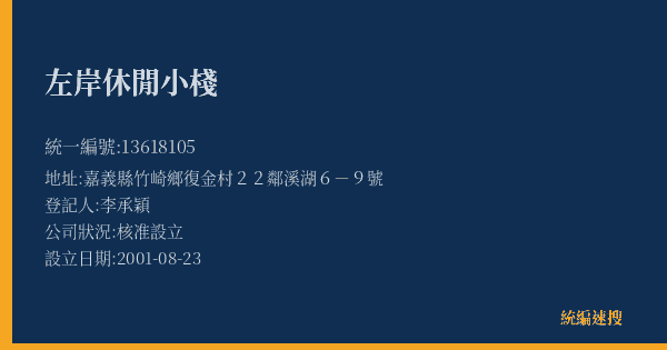 左岸休閒小棧的照片-統編 13618105(嘉義縣) 公司登記資料與營業項目詳細圖表