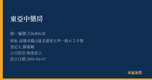 東亞中藥房的照片-統編 13640628(高雄市) 公司登記資料與營業項目詳細圖表