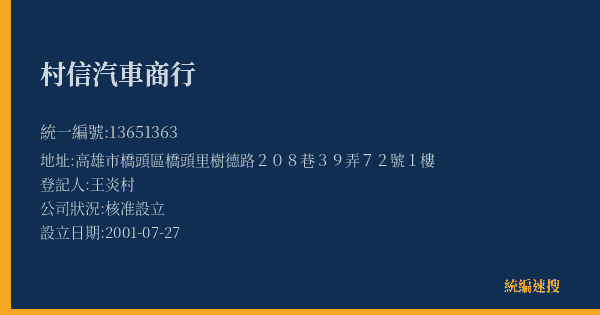 村信汽車商行的照片-統編 13651363(高雄市) 公司登記資料與營業項目詳細圖表