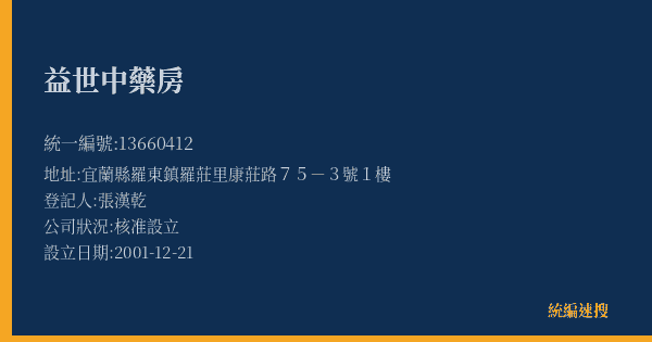 益世中藥房的照片-統編 13660412(宜蘭縣) 公司登記資料與營業項目詳細圖表