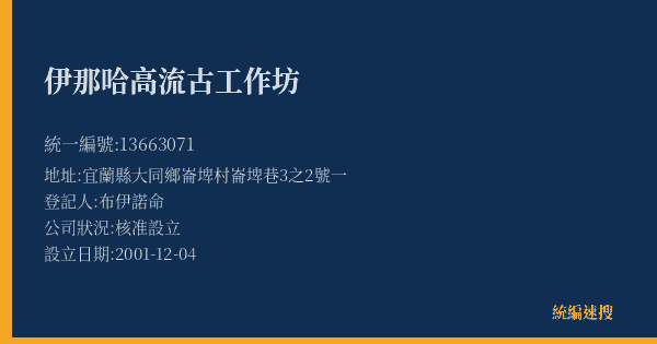伊那哈高流古工作坊的照片-統編 13663071(宜蘭縣) 公司登記資料與營業項目詳細圖表