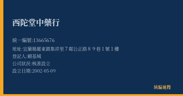 西陀堂中藥行的照片-統編 13665676(宜蘭縣) 公司登記資料與營業項目詳細圖表