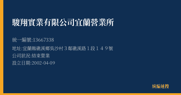 駿翔實業有限公司宜蘭營業所的照片-統編 13667338(宜蘭縣) 公司登記資料與營業項目詳細圖表