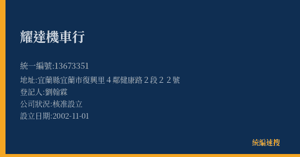 耀達機車行的照片-統編 13673351(宜蘭縣) 公司登記資料與營業項目詳細圖表