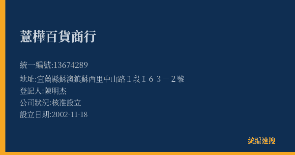 薏樺百貨商行的照片-統編 13674289(宜蘭縣) 公司登記資料與營業項目詳細圖表
