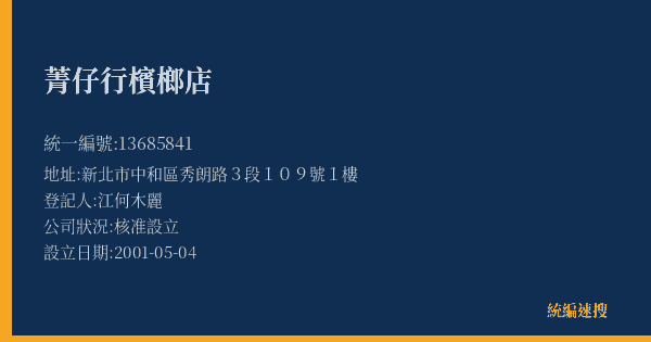 菁仔行檳榔店的照片-統編 13685841(新北市) 公司登記資料與營業項目詳細圖表