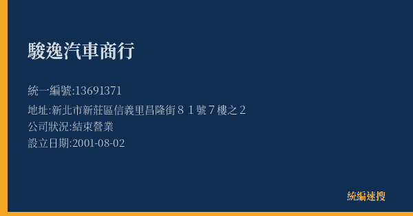 駿逸汽車商行的照片-統編 13691371(新北市) 公司登記資料與營業項目詳細圖表