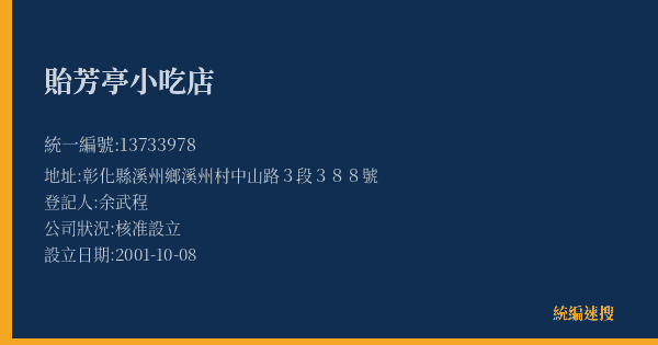 貽芳亭小吃店的照片-統編 13733978(彰化縣) 公司登記資料與營業項目詳細圖表