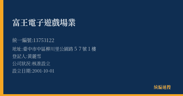 富王電子遊戲場業的照片-統編 13753122(臺中市) 公司登記資料與營業項目詳細圖表