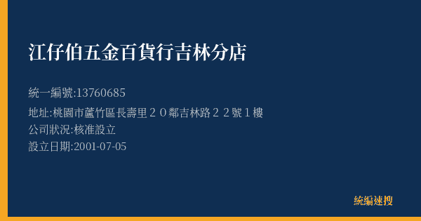 江仔伯五金百貨行吉林分店的照片-統編 13760685(桃園市) 公司登記資料與營業項目詳細圖表