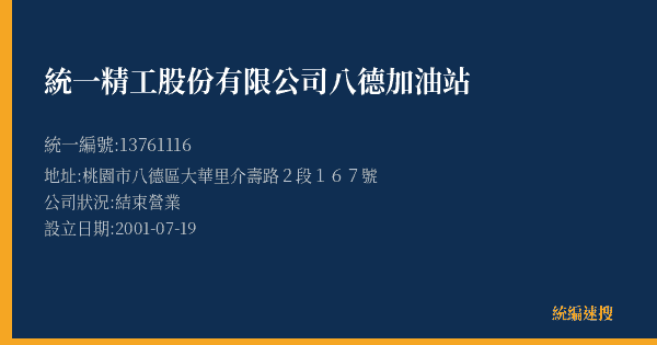 統一精工股份有限公司八德加油站的照片-統編 13761116(桃園市) 公司登記資料與營業項目詳細圖表