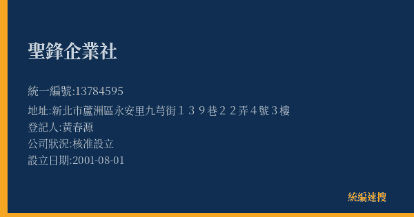 聖鋒企業社的照片-統編 13784595(新北市) 公司登記資料與營業項目詳細圖表