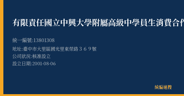 有限責任國立中興大學附屬高級中學員生消費合作社的照片-統編 13801308(臺中市) 公司登記資料與營業項目詳細圖表