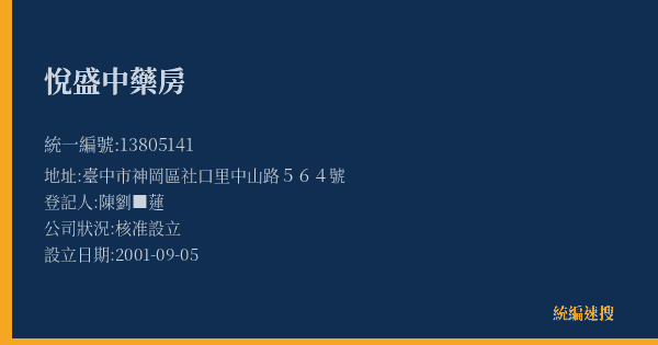 悅盛中藥房的照片-統編 13805141(臺中市) 公司登記資料與營業項目詳細圖表