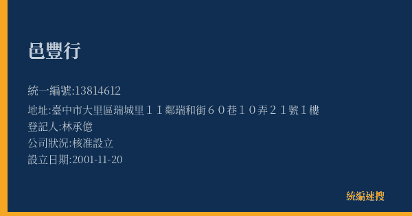 邑豐行的照片-統編 13814612(臺中市) 公司登記資料與營業項目詳細圖表