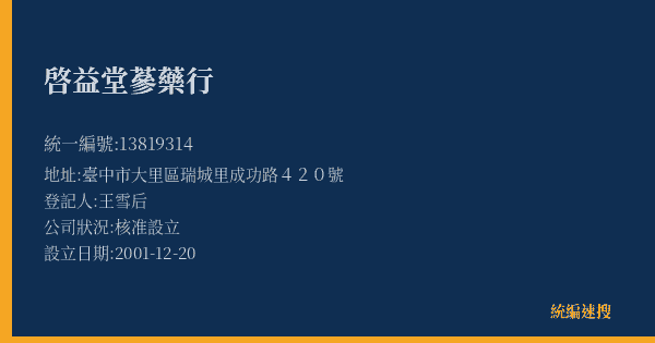 啓益堂蔘藥行的照片-統編 13819314(臺中市) 公司登記資料與營業項目詳細圖表