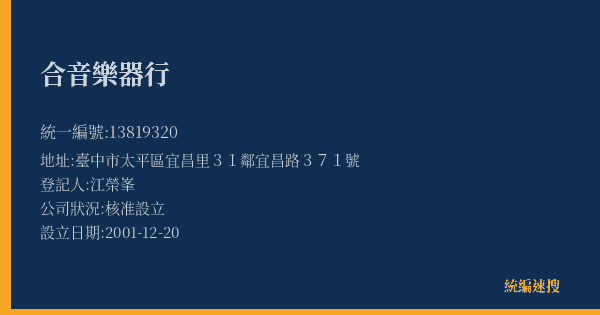 合音樂器行的照片-統編 13819320(臺中市) 公司登記資料與營業項目詳細圖表