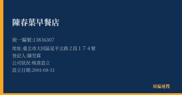 陳春葉早餐店的照片-統編 13836307(臺北市) 公司登記資料與營業項目詳細圖表
